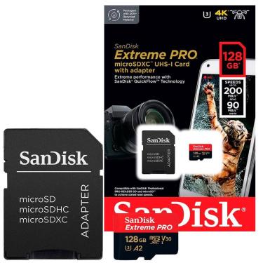 Imagem de Cartão Micro SD SanDisk Extreme Pro UHS-I 128GB U3 V30 A2 200MB/s com Adaptador SD - 4K UHD e Full HD