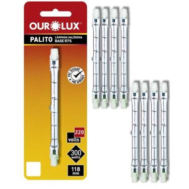 Imagem de 8 Lâmpadas Halógena Palito 300w Base R7s 220v 118mm Ourolux Cor da Luz