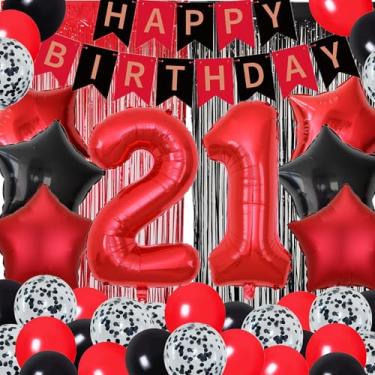 Imagem de Decorações de aniversário de 21 anos para meninos e homens, vermelho, preto, 21 anos, decoração de festa de aniversário para ele, 81 cm, número 21, balões, kit de artigos de festa para ele, meninas e