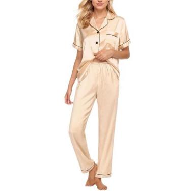 Imagem de Conjunto de pijama feminino CUPSHE, seda, cetim, manga curta, cáqui, S