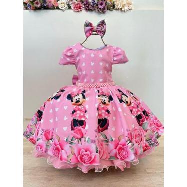 Imagem de Vestido Infantil Rosa Minnie Florido com Laço para Festas - Fabuloso A