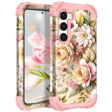 Imagem de TEECOVER Capa para Samsung Galaxy S23, resistente à prova de choque, proteção total de plástico rígido + capa protetora de borracha de silicone macio para Galaxy S23 de 6,1 polegadas, flores de ouro