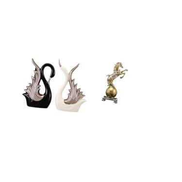 Imagem de Fenteer Coleção de Estatuetas de Cerâmica Elegantes de Cisne E Cavalo, Ornamento de Mesa, Escultura Moderna de Resina para Prateleira, Peça Central de Anivers