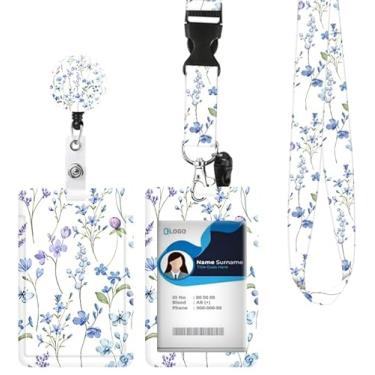 Imagem de Porta-crachá de identificação com cordão retrátil e chaveiro, carretel de crachá com mosquetão giratório, flores em aquarela, etiqueta de nome, cordão, protetor de identidade, clipes para estudantes