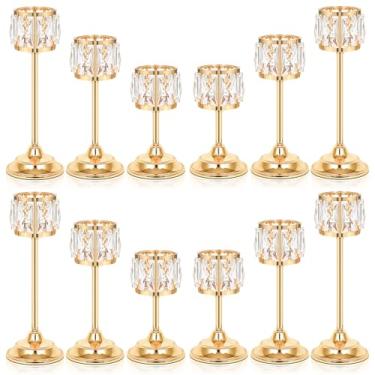 Imagem de Kolnlala Conjunto de 3 castiçais de cristal de metal, peça central de candelabro elegante de 29 cm para decoração de mesa de casamento, decoração de festa em casa em camadas (12, ouro 28 + 23 cm + 18