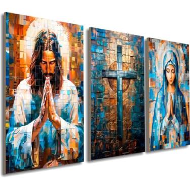 Imagem de Quadro Jesus Decorativo Religioso Para Sala Decoração De Parede Sagrada Cruz Maria(90X50CM)