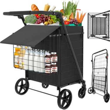 Imagem de JIALIJIU Carrinho de compras de 199 kg com alça ajustável, bolsa impermeável, montagem de 10 minutos, carrinho de compras dobrável resistente com rodas giratórias de 360° para apartamentos, lavanderia