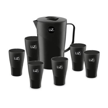 Imagem de Jogo De Jarra 2L Com 6 Copos Plástico Suco Agua Uz Preto