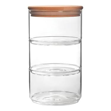 Imagem de Conjunto de Potes de Vidro com Tampa de Bambu, 3 Peças Empilháveis, Transparente, 400ml cada, 16cm x 9cm, Vedação Hermética para Cozinha