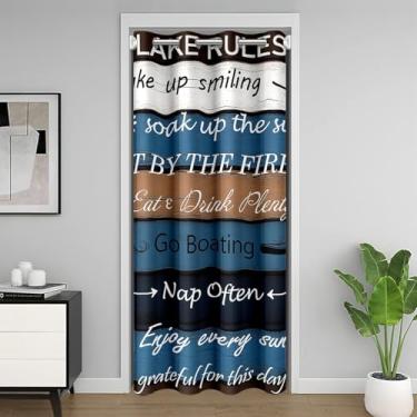 Imagem de Manfei Cortinas blackout Lake House 213 cm × 132 cm, rústica fazenda de barco, pesca, vida no lago, 1 painel, cortina de porta de madeira, retrô, azul, marrom, para restaurante