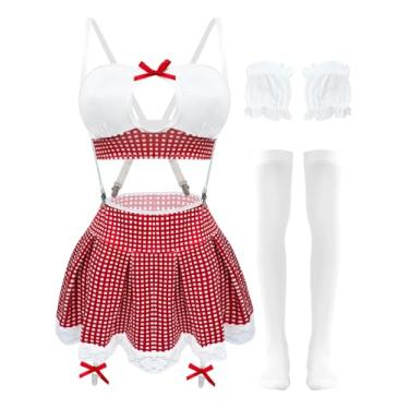 Imagem de Aranmei Lingerie feminina sexy bustiê top saia cruzada conjunto de lingerie com meias 4 peças fantasia de Halloween, Vermelho, P