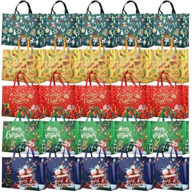 Imagem de 25 peças de sacolas gigantes de presente de Natal, sacolas de supermercado resistentes com alças, sacos jumbo não tecidos de costura para embrulhar presentes, suprimentos de festa de Natal, 53 x 40 cm