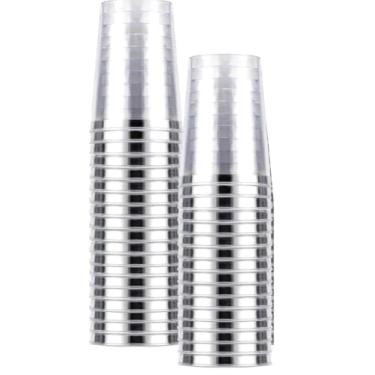 Imagem de Kit 25/50 Copos Acrílico 10oz/300ml Lavável Descartável Cristal,copo transparente com borda prata(25)
