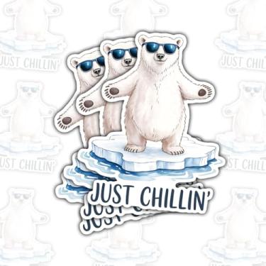 Imagem de 3 peças de adesivos de urso polar Just Chillin, fofos decalques de vinil de animais árticos para laptop, caderno, diário, garrafa hidráulica, para-choques de carro, garrafa de água, presente divertido
