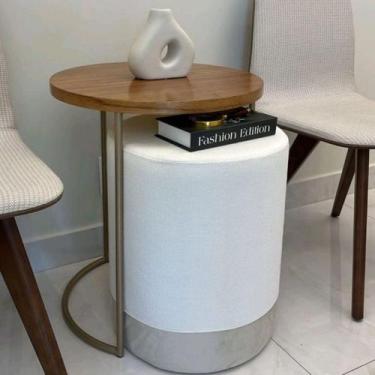Imagem de Mesa Lateral e Puff Redondo Em Linho Bege - Spazzio mobiliario