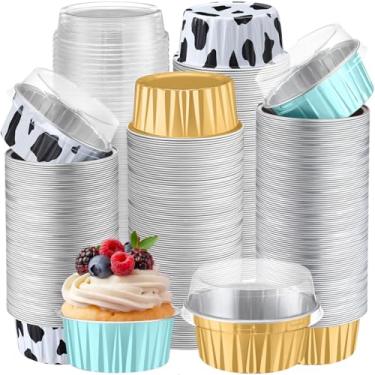 Imagem de Gejoy 400 peças de copos de alumínio para assar com tampas, 142 g, mini formas de bolo de ramequins descartáveis, creme brulee, forros de cupcake, latas de muffin, molde de pudim, recipiente de