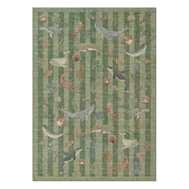 Imagem de Tapete de borracha antiderrapante com tema de baleias de lã sintética lavável e resistente a manchas para sala de jogos, banheiro, sala de estar, quarto, cabeceira, praia, fofo, náutico costeiro