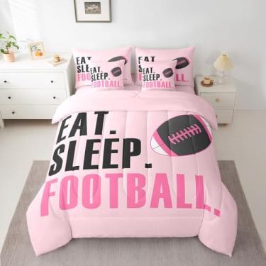 Imagem de Conjunto de edredom de 7 peças, tamanho casal de rúgbi rosa, para crianças, meninos, amantes de futebol americano, cama em uma bolsa, presentes esportivos, cama macia com edredom, lençóis, fronhas e