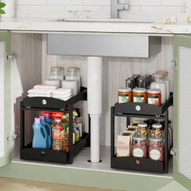 Imagem de LONTAI Organizador de madeira de bambu embaixo da pia, pacote com 2, organizador de armário de 2 camadas, organizadores e armazenamento sob a pia com gaveta deslizante, resistente e fácil de montar