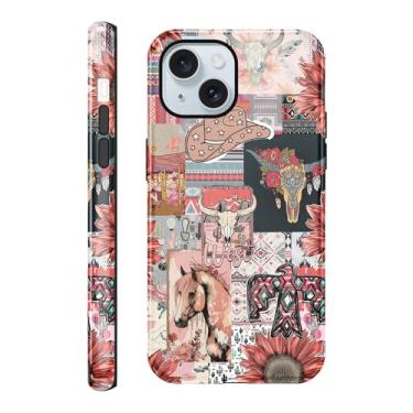 Imagem de Vulfwela Capa de telefone para iPhone 15 de 6,1 polegadas Western Boho Collage, 2 em 1, vintage, rosa, chapéu de caubói cavalos, cabeça de touro, floral, capa de telefone Country West à prova de