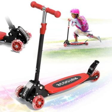 Imagem de Patinete para crianças de 3 a 7 anos, scooters de 3 rodas iluminadas, inclinada para dirigir, três scooters de altura ajustável para crianças, rodas traseiras duplas amplas, passeio estável seguro