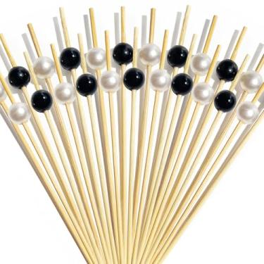 Imagem de Palitos de coquetel, 100 palitos de dente de pérola branca para aperitivos, palitos de bambu decorativos de 12 cm de comprimento, espetos de coquetel para palitos de comida de festa de casamento