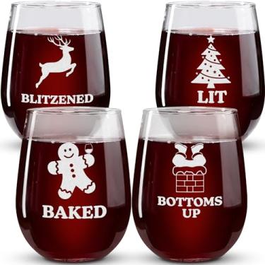 Imagem de On The Rox Drinks Taças de vinho engraçadas de Natal - "Baked, Lit, Bottoms Up, Blitzened" Conjunto de 4 taças de vinho sem haste - para ela - Copos de coquetel de Natal e