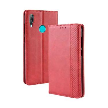 Imagem de Capa para HUAWEI Y7 Prime 2019,Retro Flip magnético,Caso de telefone de couro PU,Design de carteira com 3 slots de cartão e 1 clipe de dinheiro -Red