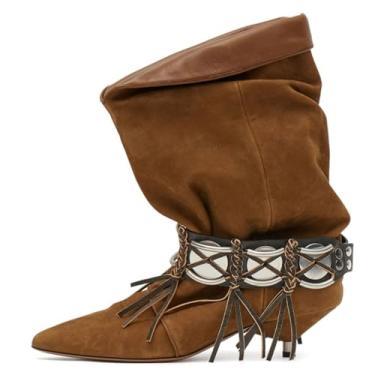 Imagem de Fuazuzu Botas caubói femininas estilo caubói despojadas com franja franzida, sem cadarço, cano médio, salto baixo, bico fino, para festas, concertos, casamentos, Marrom, 39