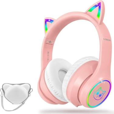 Imagem de Fones de ouvido LOBKIN Bluetooth 5.3 Kids com estojo RGB LED rosa
