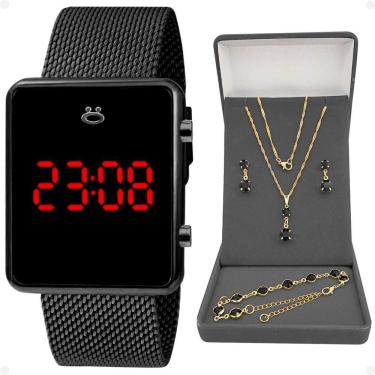 Imagem de Relogio Preto Digital Feminino + Brincos + Colar Strass Quadrado Casual Pulseira Ajustável Presente