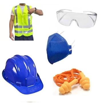 Imagem de Kit Obra Capacete de Proteção Protetor Auricular Óculos RJ Colete Refletivo Máscara PFF2 EPI