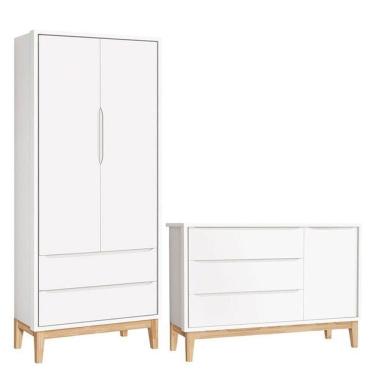 Imagem de Cômoda Com Porta E Guarda Roupa Infantil 2 Portas New Classic Branco Com Pés Madeira Natural ? Reller