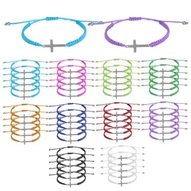 Imagem de 50 unidades de pulseira cruzada, pulseiras cristãs para mulheres e homens, pulseiras de corda trançada ajustável com pingente de cruz, presentes cristãos religiosos de Jesus em massa para
