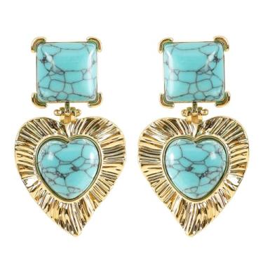 Imagem de Kokoma Brincos femininos com pingente de coração turquesa vintage, dourado, coração de amor, joia boêmia, moderna, dia dos namorados
