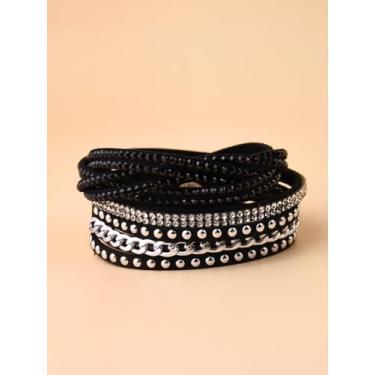 Imagem de Pulseira de couro preto para mulheres, pulseira de corrente de strass multicamadas, punho ajustável estilo punk rock boho