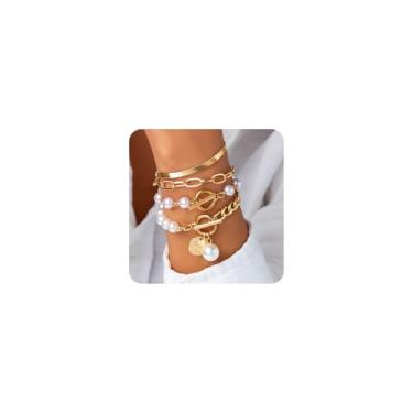 Imagem de Conjunto de 4 pulseiras de pérolas douradas em camadas para mulheres delicadas sem manchas clipe de papel OT pulseira de pérolas de água doce com contas vintage joia de corrente de cobra, Large, Zinco