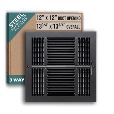 Imagem de Serve para difusor de fornecimento de ar de aço de 3 vias com abertura de duto 12x12 da Handua | Registre grade de cobertura de ventilação para parede lateral e teto | Preto | Dimensões externas: 35