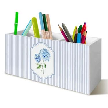 Imagem de YTRGI Organizador de lápis de hortênsia azul para mesa, azul e branco listrado floral cottagecore placa de bloco de madeira para decoração de mesa de escritório em casa