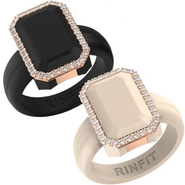 Imagem de Rinfit Aliança de casamento feminina de silicone - anéis de compromisso para ela - corte esmeralda com zircônia cúbica - design patenteado, Size 10, Silicone, Zircônia cúbica