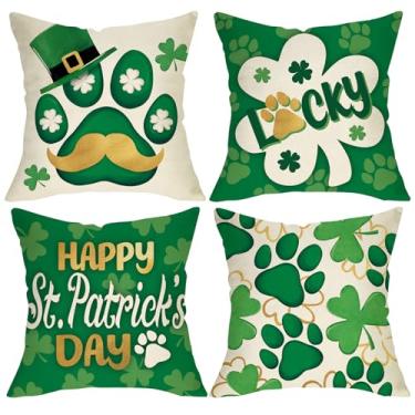 Imagem de Fjfz Happy St Patricks Day Capas de almofada decorativas 45,7 x 45,7 cm conjunto de 4, ouro trevo da sorte cachorro gato pata impressões varanda decoração de casa ao ar livre, capa de almofada de sofá