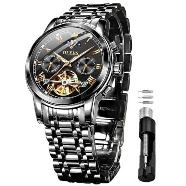 Imagem de OLEVS Relógios masculinos automáticos esqueleto turbilhão mecânico automático relógio de pulso de luxo fase da lua dia data à prova d'água relógio luminoso presentes, 6617: pulseira preta e mostrador
