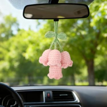 Imagem de JOERSH Acessórios para pendurar espelho de carro flor lírio, decorações de flores de crochê feitas à mão para espelho, espelhos retrovisores, chaveiros (rosa)