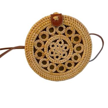 Imagem de Laeuokie Bolsa feminina de palha redonda: Rattan tecido à mão, cesta transversal de vime. Tecido para praia, férias, uso diário., Fivela de couro de renda 08, 7.1" (L) * 3.1" (W) * 7.1" (H), Bolsa de