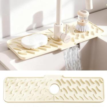 Imagem de NJYW Tapete de torneira de silicone de 61 cm x 15 cm para pia de cozinha – protetor de respingos e bandeja coletora de pedras de secagem rápida, 1,7 cm de espessura, bege