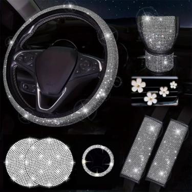 Imagem de AutoCabins Conjunto de 11 peças de acessórios de carro brilhantes para mulheres, capa de volante, capas de cinto de segurança brilhantes, clipes de ventilação margarida, capa de câmbio brilhante
