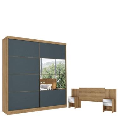 Imagem de Guarda Roupa Casal Malaga Glass 2 Portas Capuccino Azul E Cabeceira Com Mesas De Cabeceira Formosa Glass Capuccino - Thb