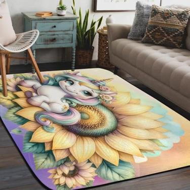 Imagem de Tapete de área para sala de estar, lavável à máquina, unicórnio, girassol, flor, tapete antiderrapante, tapete macio para sala de estar, quarto, sala de jantar, berçário, cozinha, decoração de casa