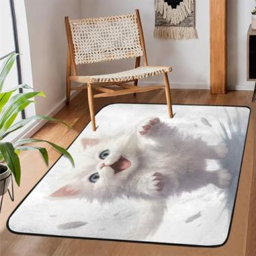 Imagem de Tapete de área para sala de estar, lavável à máquina, fofo, gato, animal, branco, antiderrapante, tapete macio, para sala de estar, quarto, sala de jantar, berçário, cozinha, decoração de casa