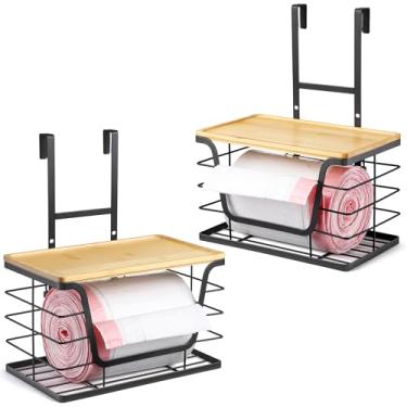 Imagem de CACHOLIV Pacote com 2 porta-sacos de lixo – Suporte de saco de lixo extragrande com topo de bambu empilhável, ganchos ajustáveis para porta de armário – Organizadores na cozinha/despensa/lavanderia